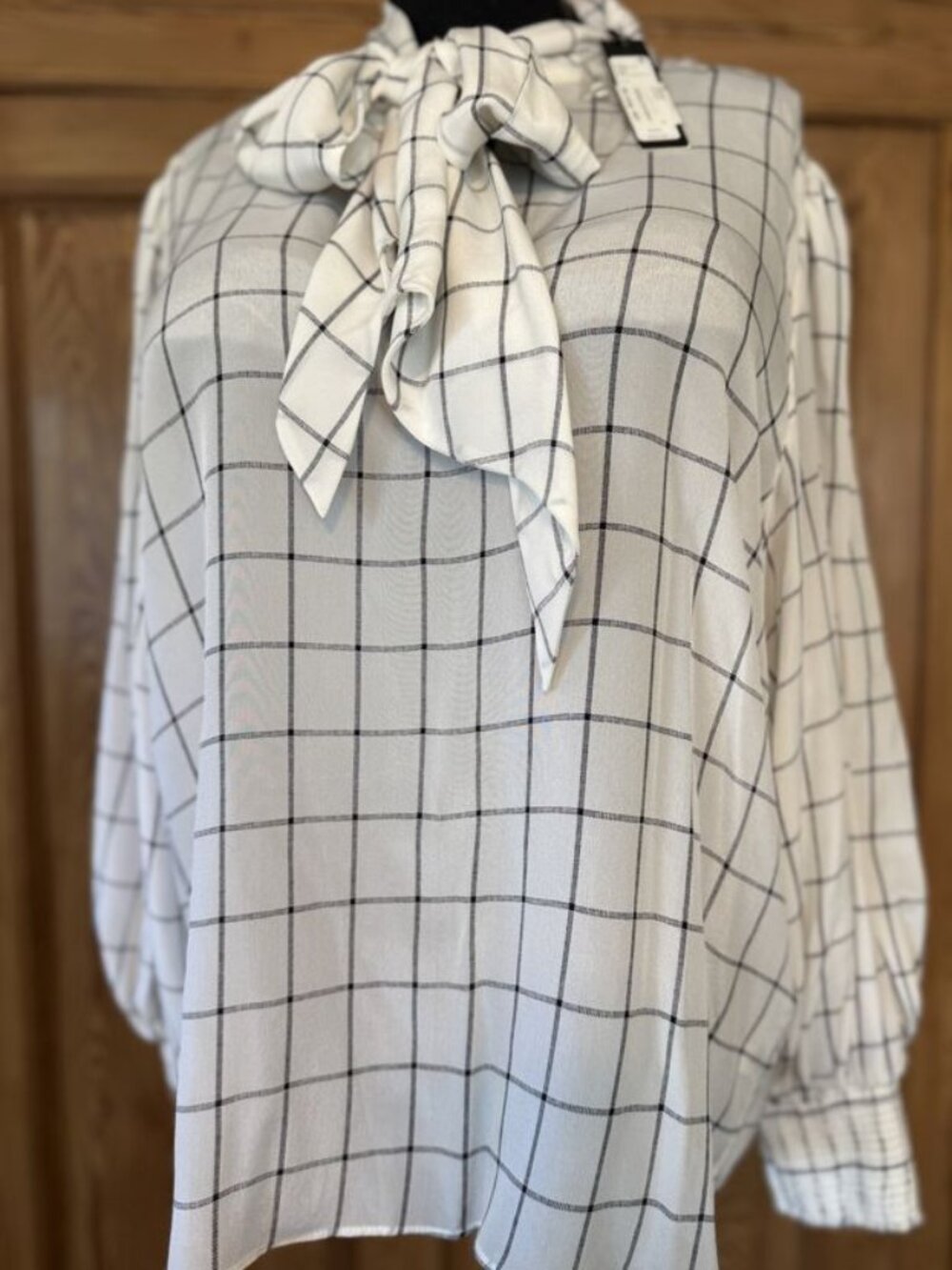 alice + olivia Windowpane Check Tie-Neck Blouse